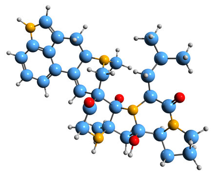  3D image of Ergosine skeletal formula - molecular chemical structure of  ergot alkaloid isolated on white background
