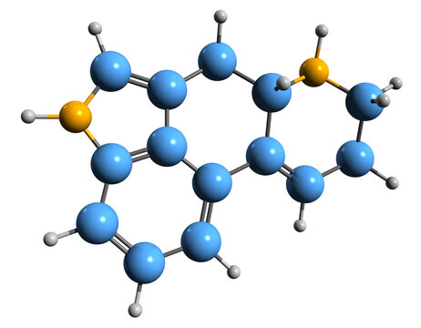  3D image of Ergoline skeletal formula - molecular chemical structure of mycototoxin isolated on white background