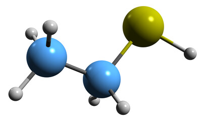  3D image of Ethanethiol skeletal formula - molecular chemical structure of Ethyl mercaptan isolated on white background
