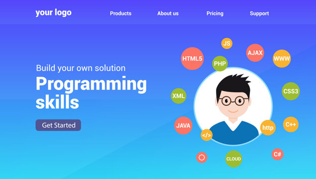 Programmer flat design graphic illustration. Computer geek programming software training website banner concept