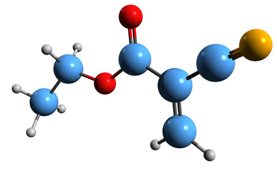  3D image of Ethyl cyanoacrylate skeletal formula - molecular chemical structure of cyanoacrylate ester isolated on white background
