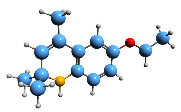  3D image of Ethoxyquin skeletal formula - molecular chemical structure of quinoline-based antioxidant isolated on white background
