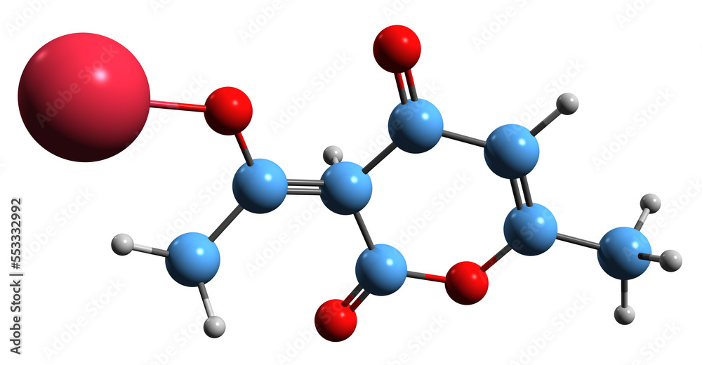 Poster  3D image of Sodium dehydroacetate skeletal formula - molecular chemical structure of food additive Е266 isolated on white background