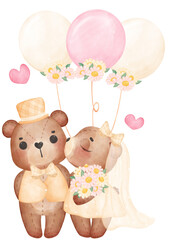 cute teddy bears bride and groom hold balloons love wedding marry watercolour cartoon character