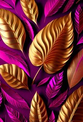 Floral gold magenta abstract background. Decorative tree leaves, fuchsia pink and golden shiny texture. Vertical Floral gold magenta abstract pattern.