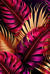 Floral gold magenta abstract background. Decorative tree leaves, fuchsia pink and golden shiny texture. Vertical Floral gold magenta abstract pattern. - obrazy, fototapety, plakaty