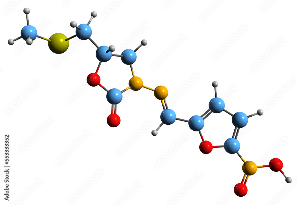 Wall mural  3D image of Nifuratel skeletal formula - molecular chemical structure of  gynecology medication isolated on white background
