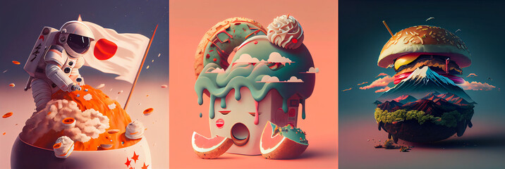 Japan elements illustration, surreal 3d render of a japanese food, collection - obrazy, fototapety, plakaty