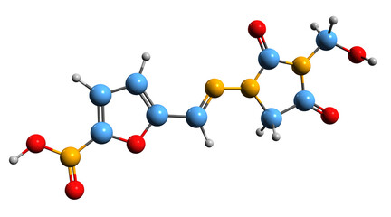  3D image ofNifurtoinol skeletal formula - molecular chemical structure of Nitrofuran antimicrobial isolated on white background
