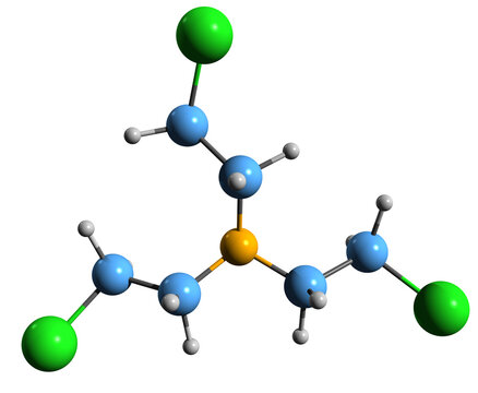  3D image of nitrogen mustard skeletal formula - molecular chemical structure of  chemical warfare isolated on white background