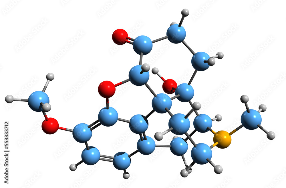 Sticker  3D image of Oxymorphone skeletal formula - molecular chemical structure of opioid analgesic isolated on white background