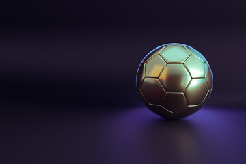 Fototapeta premium golden soccer ball on dark background, 3d rendering, sports background, soccer competition, world cup, Football championship light background. abstract glowing neon colored soccer ball