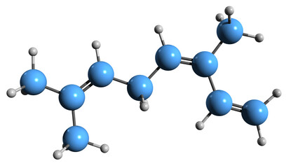  3D image of Ocimene skeletal formula - molecular chemical structure of monoterpene isolated on white background - obrazy, fototapety, plakaty