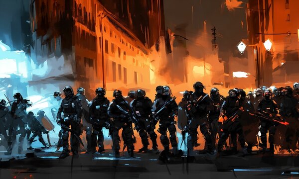 Riot police sci-fi fantasy illustration conceptual dystopian style scene futuristic artwork
fictional digital painting textured background generative AI art