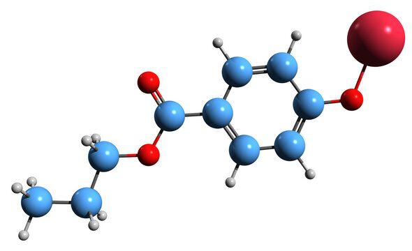  3D image of Sodium propyl para-oxybenzoate skeletal formula - molecular chemical structure of Propylparaben sodium  salt isolated on white background
