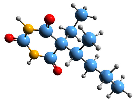  3D image of Pentobarbital skeletal formula - molecular chemical structure of  short-acting barbiturate pentobarbitone isolated on white background