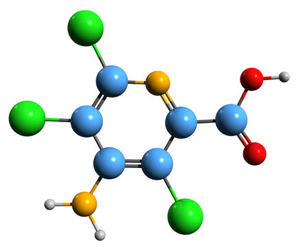  3D image of Picloram skeletal formula - molecular chemical structure of Herbicide isolated on white background
