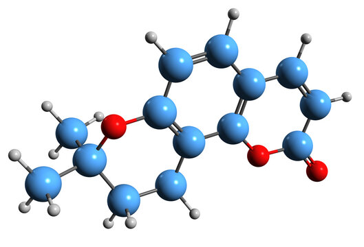  3D image of pyranocoumarin skeletal formula - molecular chemical structure of  phytochemical isolated on white background
