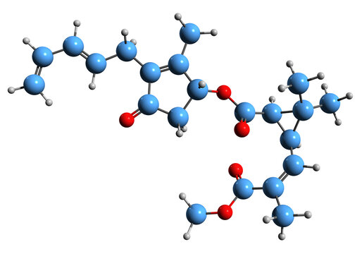  3D image of Pyrethrin II skeletal formula - molecular chemical structure of phytochemical isolated on white background
