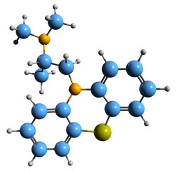  3D image of Promethazine skeletal formula - molecular chemical structure of  first-generation antihistamine isolated on white background - obrazy, fototapety, plakaty