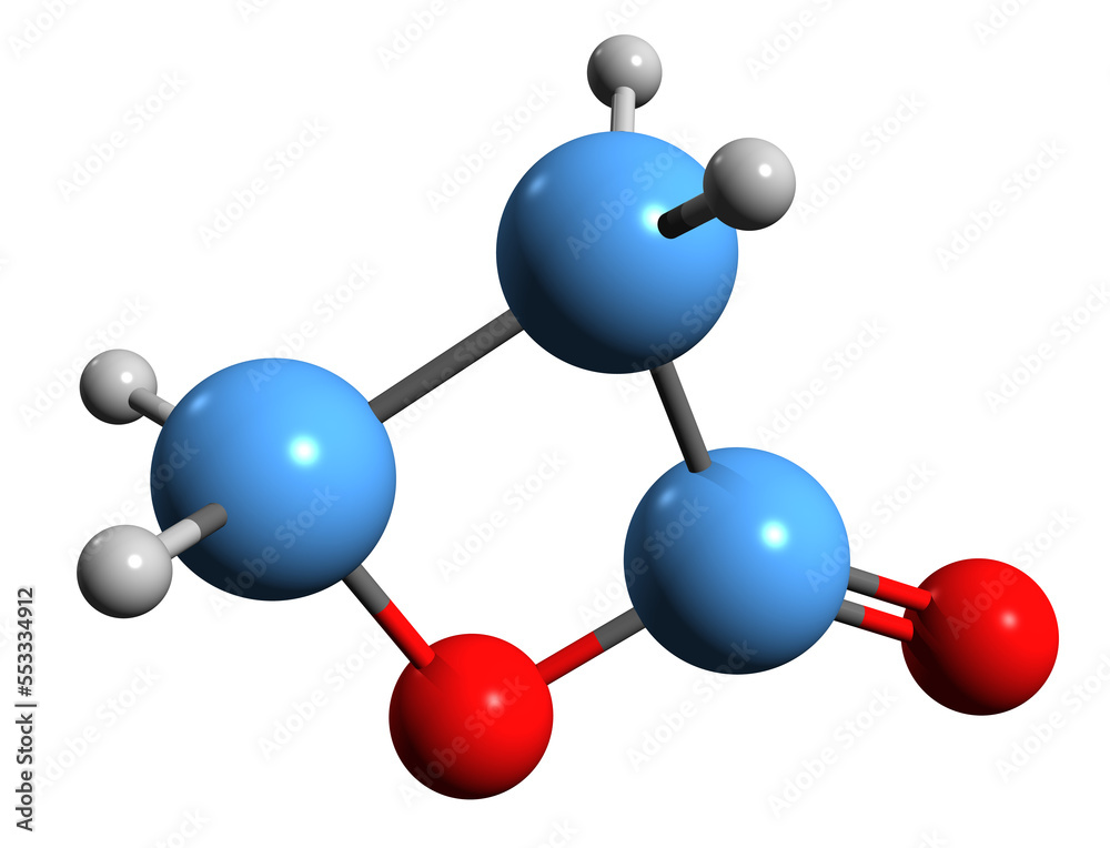 Sticker 3d image of propiolactone skeletal formula - molecular chemical structure of insecticide isolated on