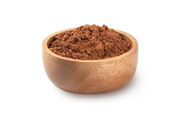 Cocoa powder in wooden bowl isolated on white background.