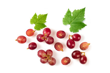 Top view of Red grapes with leaves isolated on white background.