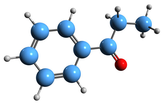  3D image of Propiophenone skeletal formula - molecular chemical structure of Ethyl phenyl ketone isolated on white background