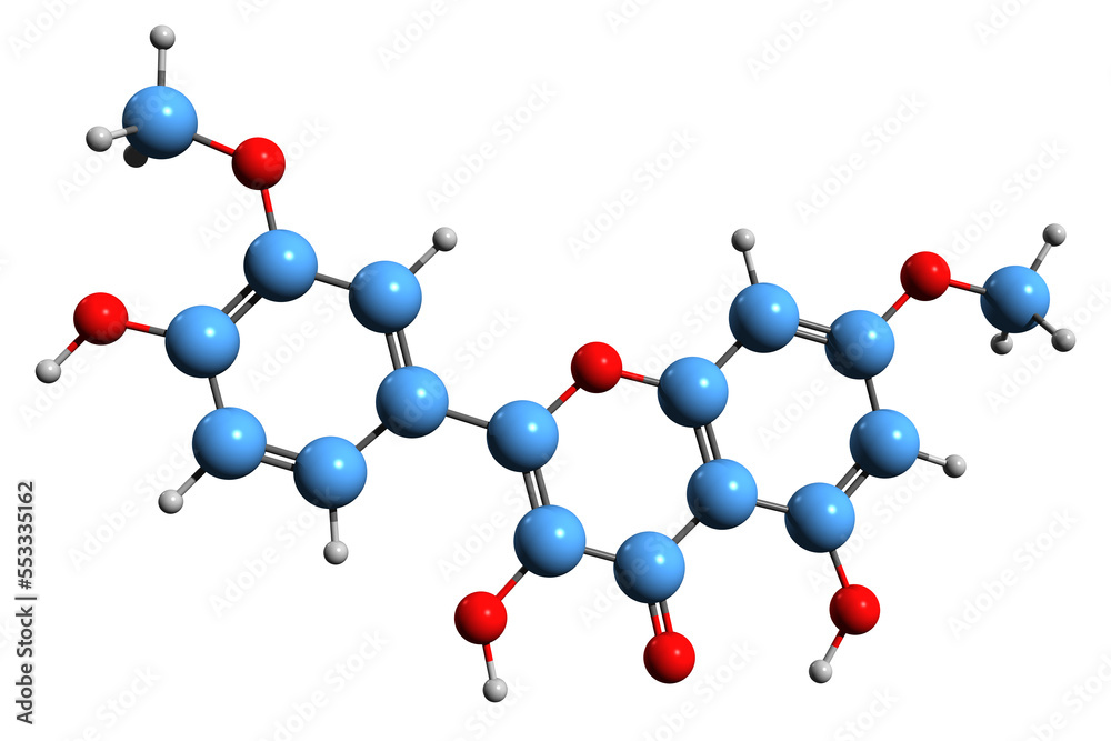 Sticker  3D image of Rhamnazin skeletal formula - molecular chemical structure of  O-methylated flavonol isolated on white background
