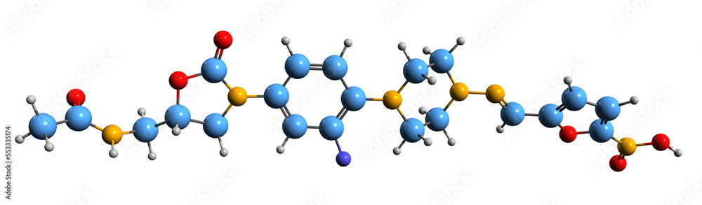 Wall mural  3D image of Ranbezolid skeletal formula - molecular chemical structure of  oxazolidinone antibacterial isolated on white background