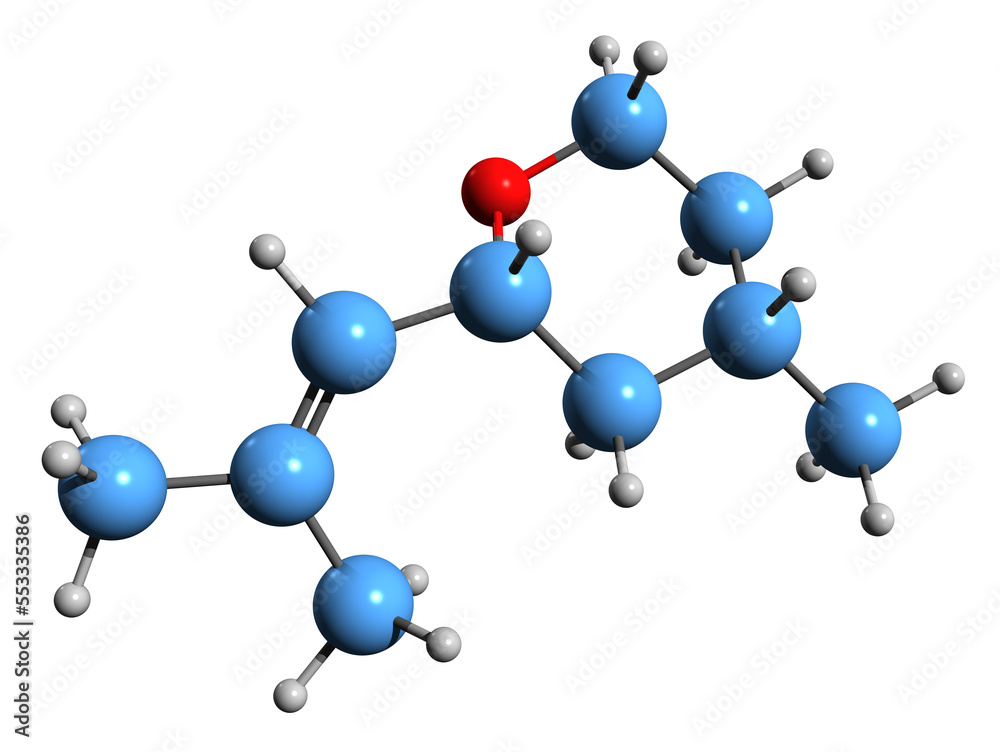 Poster 3D image of Rose oxide skeletal formula - molecular chemical structure of fragrance chemical isolated on white background
