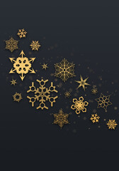 Greeting card design with glowing golden snowflakes on dark anthracite background. Winter holidays banner, celebrations poster template