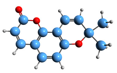 Obraz premium 3D image of Seselin skeletal formula - molecular chemical structure of pyrancoumarin Amyrolin isolated on white background 