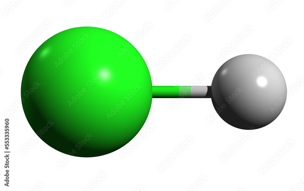 Poster 3d image of hydrochloric acid skeletal formula - molecular chemical structure of hydronium chloride 