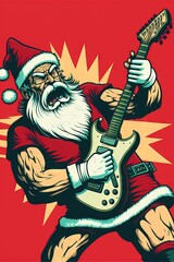 Guitar Player Santa Claus, Rocking and Shredding The Electric Guitar, With a lot of Passion and Attitude, Doing a Guitar Solo on Christmas