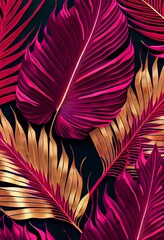 Floral gold magenta palm abstract background. Decorative tree leaves, fuchsia pink and golden shiny texture. Vertical Floral gold magenta palm abstract pattern. - obrazy, fototapety, plakaty