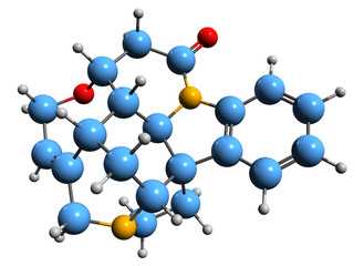  3D image of Strychnine skeletal formula - molecular chemical structure of highly toxic alkaloid isolated on white background
