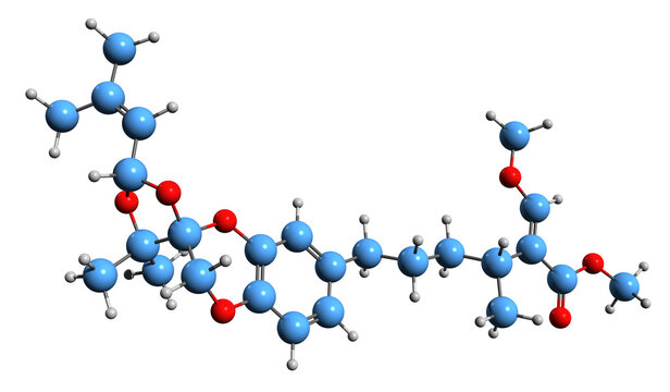  3D image of Strobilurin Е skeletal formula - molecular chemical structure of Fungicide isolated on white background
