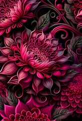 Floral magenta leaves and flowers abstract background. Decorative plants, fuchsia pink texture. Vertical floral magenta leaves and flowers botanical abstract pattern.