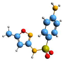 Obraz premium 3D image of Sulfamethoxazole skeletal formula - molecular chemical structure of sulfonamide isolated on white background 