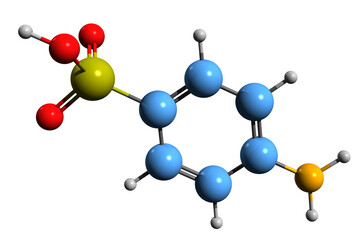  3D image of Sulfanilic acid skeletal formula - molecular chemical structure of 4-aminobenzenesulfonic acid isolated on white background
