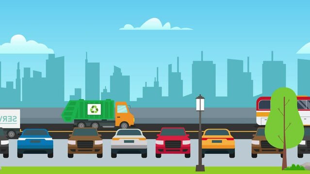 Cars are parked along the road near busy traffic