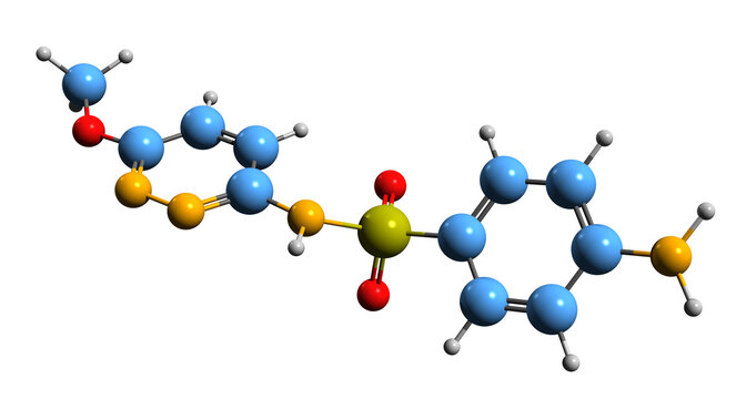  3D image of Sulfamethoxypyridazine skeletal formula - molecular chemical structure of sulfonamide isolated on white background
