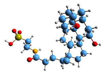  3D image of Taurochenodeoxycholic acid skeletal formula - molecular chemical structure of  bile acid 12-Deoxycholyltaurine isolated on white background