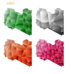 Set of vector polygonal maps of Libya. Bright gradient map of country in low poly style. Multicolored Libya map in geometric style for your infographics. Charming vector illustration.