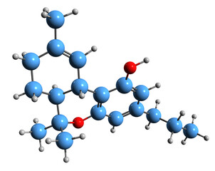  3D image of Tetrahydrocannabivarin skeletal formula - molecular chemical structure of homologue of tetrahydrocannabinol isolated on white background