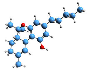  3D image of Tetrahydrocannabinol skeletal formula - molecular chemical structure of cannabinoids isolated on white background