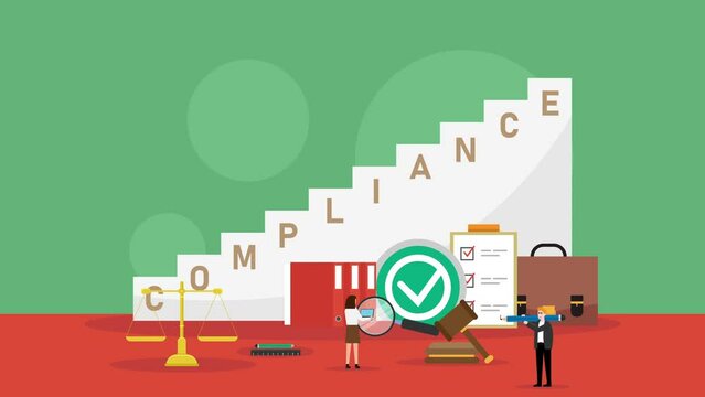 Two business people standing with compliance word