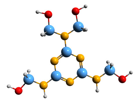  3D image of tetrahydroxymethylmelamine skeletal formula - molecular chemical structure of organic  substance isolated on white background
