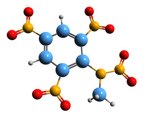  3D image of Tetryl skeletal formula - molecular chemical structure of Trinitrophenylmethylnitramine isolated on white background